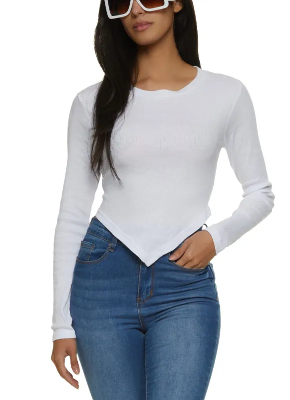 Rib Knit Long Sleeve Hanky Hem Top sold by Rainbow