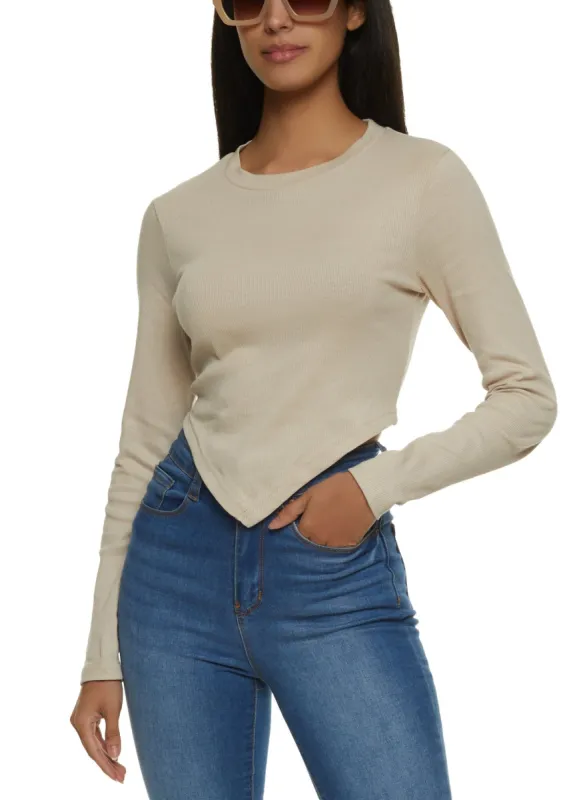 Rib Knit Long Sleeve Hanky Hem Top sold by Rainbow