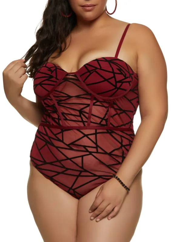Plus Size Velvet Burnout Patterned Mesh Bodysuit sold by Rainbow