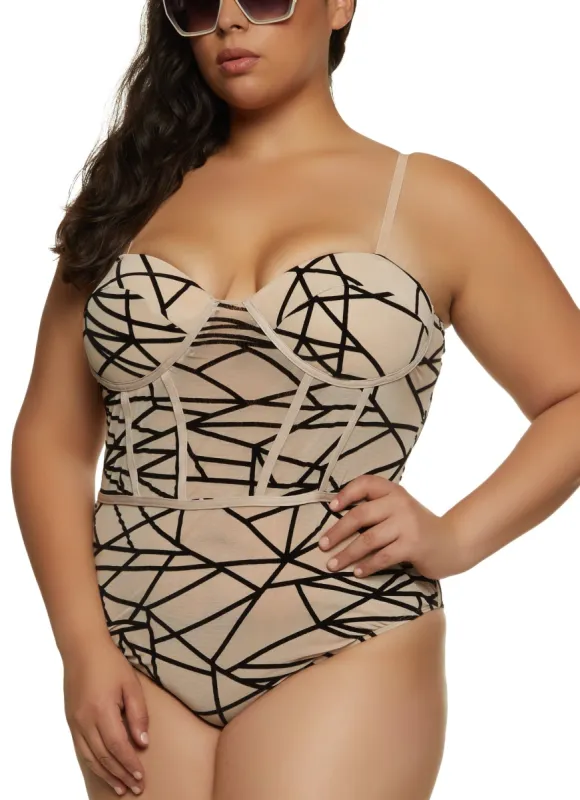 Plus Size Velvet Burnout Patterned Mesh Bodysuit sold by Rainbow