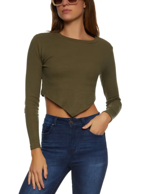 Rib Knit Long Sleeve Hanky Hem Top sold by Rainbow