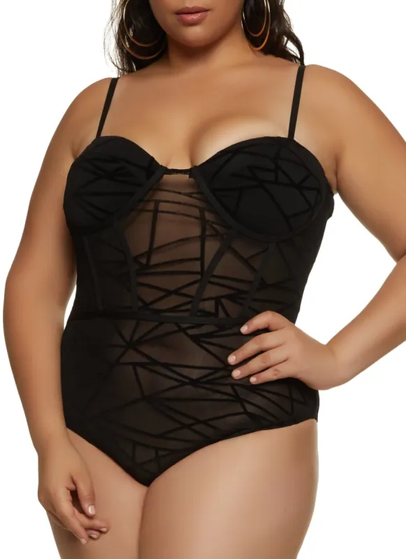 Plus Size Velvet Burnout Patterned Mesh Bodysuit sold by Rainbow