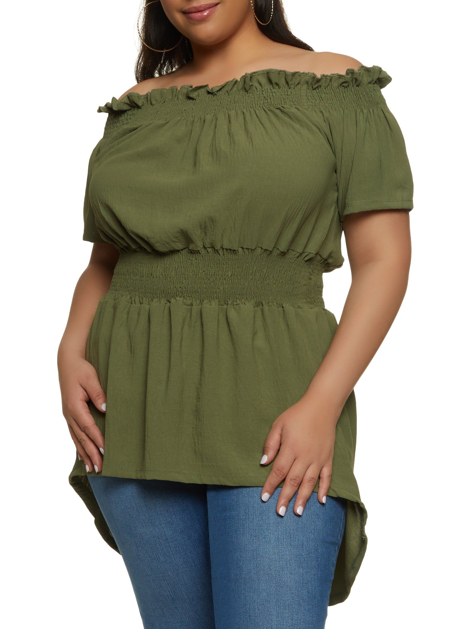 Plus Size Off the Shoulder High Low Smocked Peasant Top sold by Rainbow