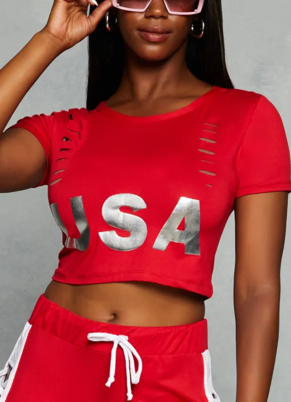 Slashed Foil USA Graphic Crop Top sold by Rainbow