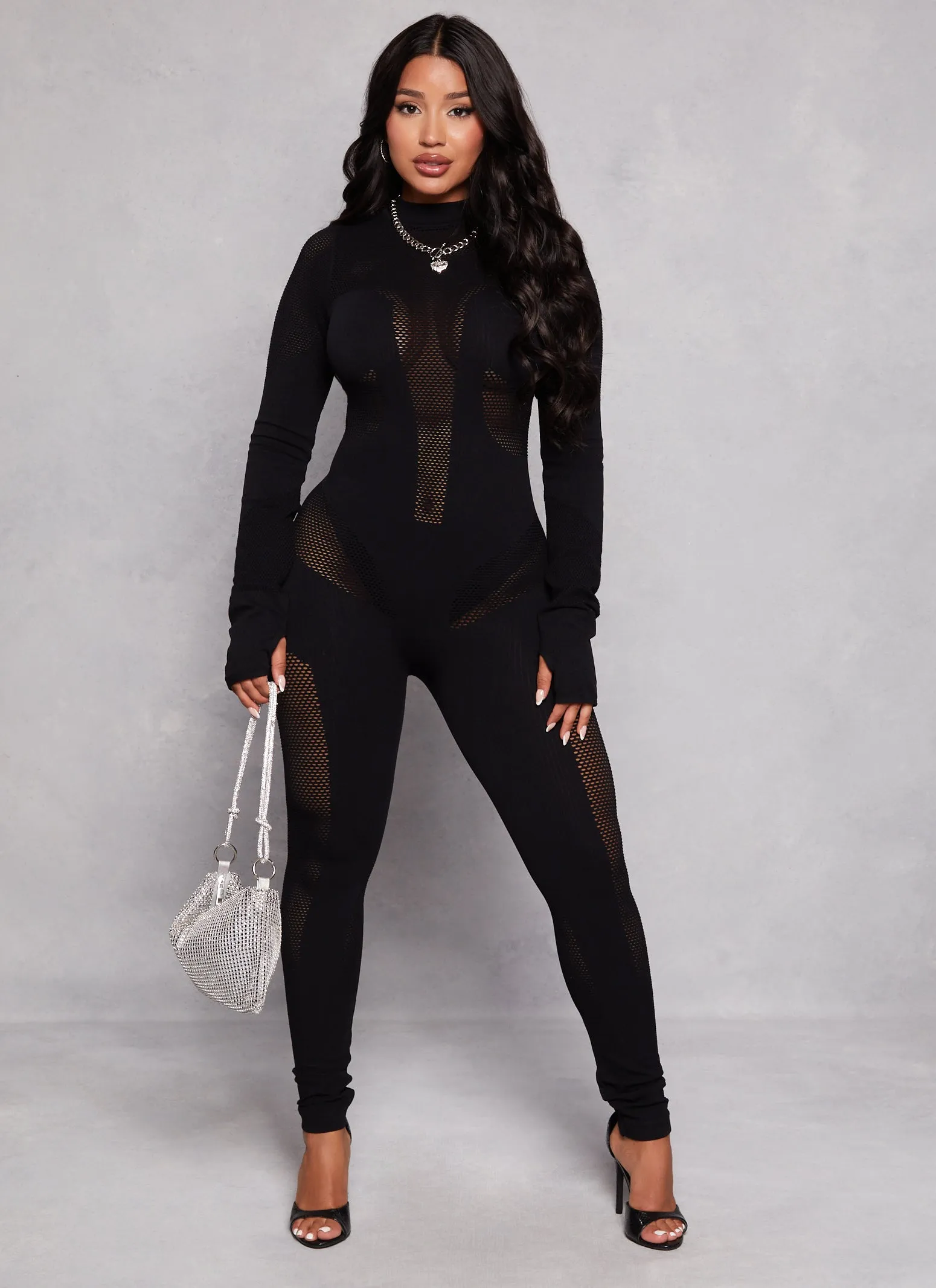 Seamless Ribbed Fishnet Detail Long Sleeve Jumpsuit sold by Rainbow product image thumbnail 2