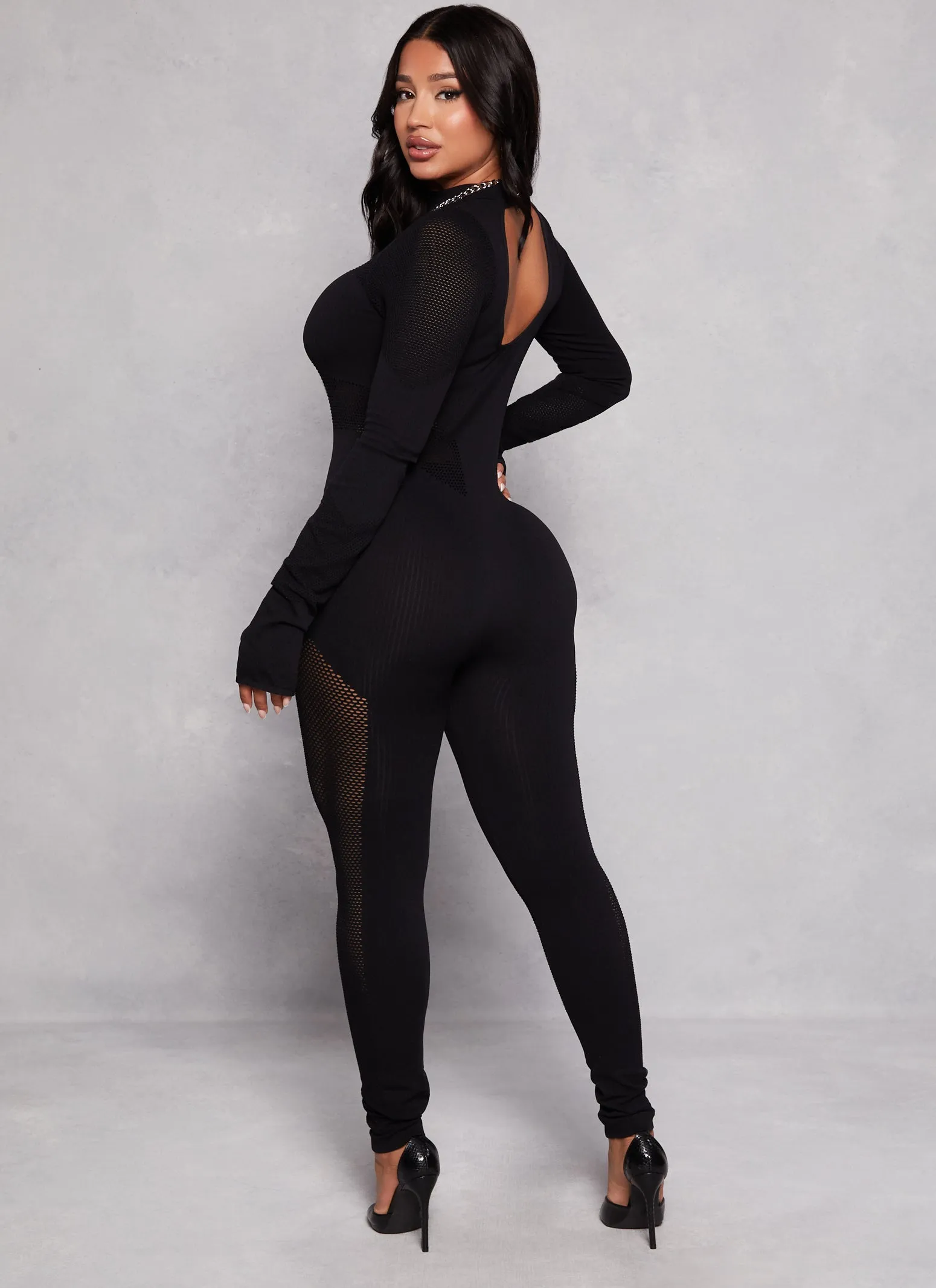 Seamless Ribbed Fishnet Detail Long Sleeve Jumpsuit sold by Rainbow product image thumbnail 3