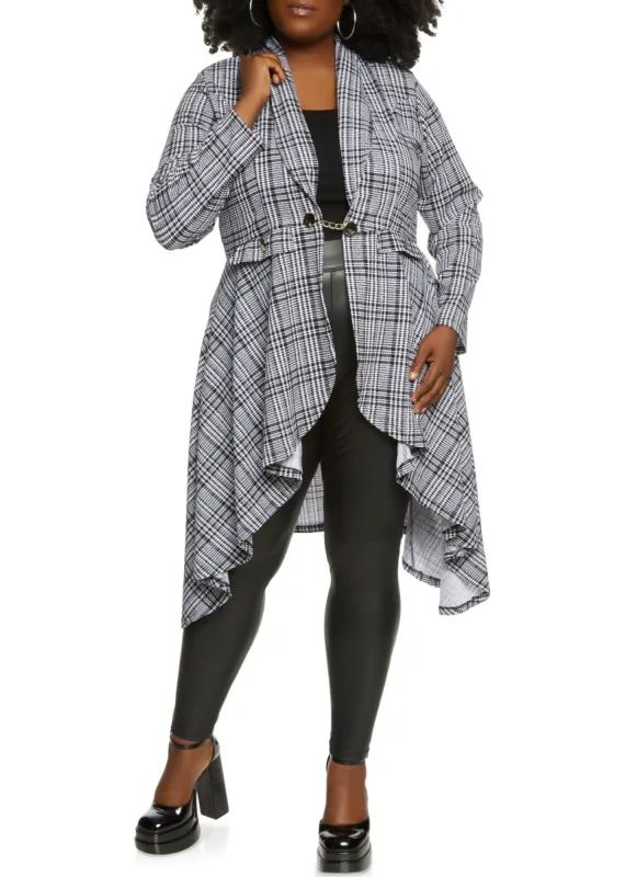 Plus Size Plaid Chain Button High Low Blazer sold by Rainbow