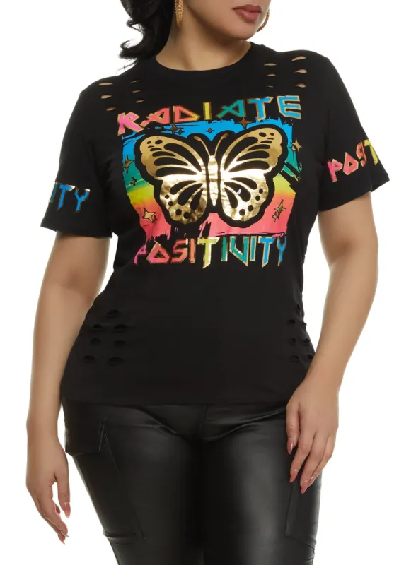 Plus Size Laser Cut Radiate Positivity Foil Graphic Tee sold by Rainbow