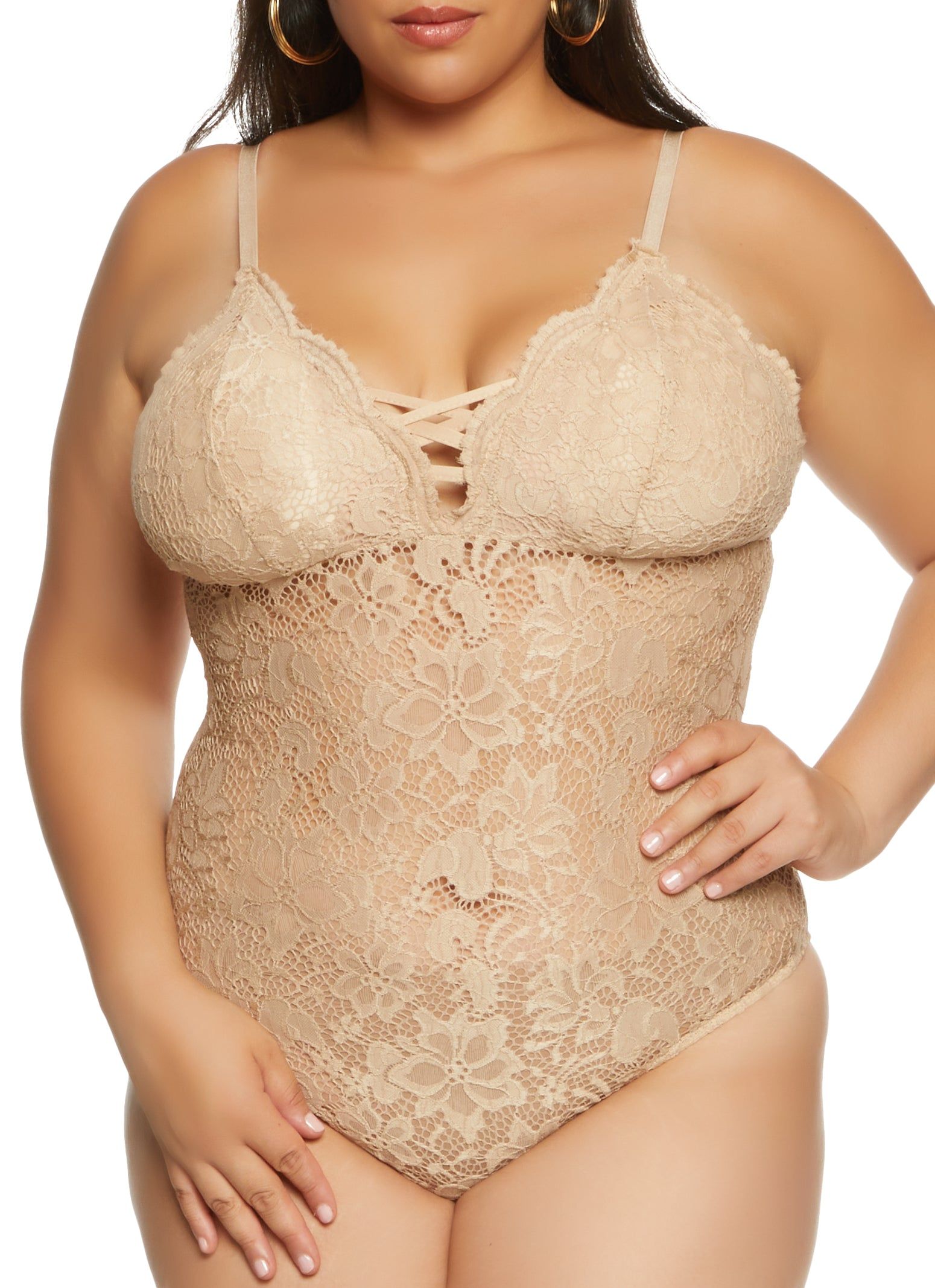 Plus Size Floral Lace Caged Bodysuit sold by Rainbow