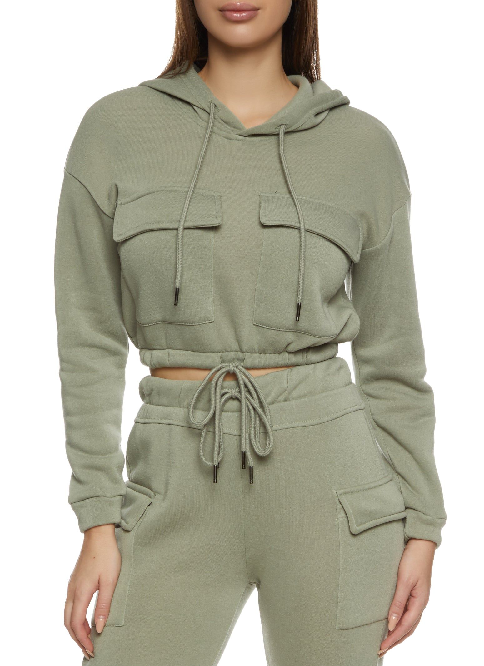 Cargo Pocket Cropped Drawstring Waist Hoodie sold by Rainbow