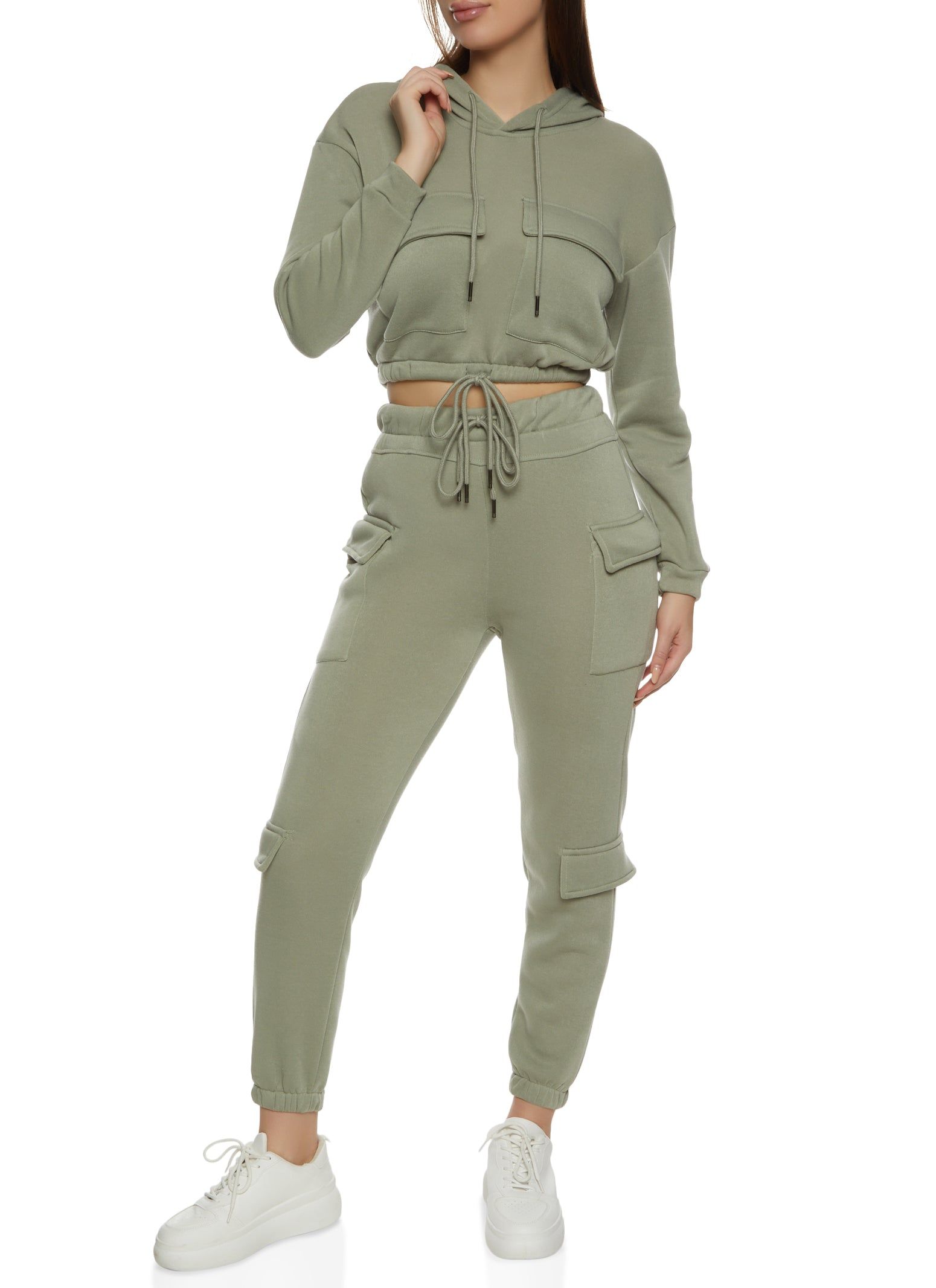 Cargo Pocket Cropped Drawstring Waist Hoodie sold by Rainbow product image thumbnail 2