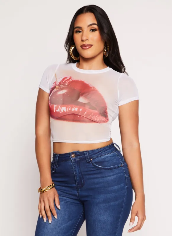 Lip Graphic Mesh Crop Top sold by Rainbow