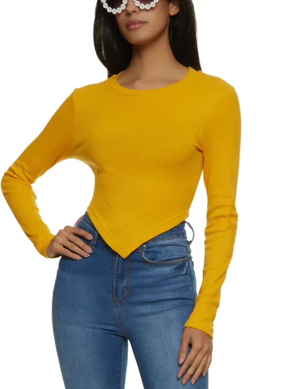 Rib Knit Long Sleeve Hanky Hem Top sold by Rainbow