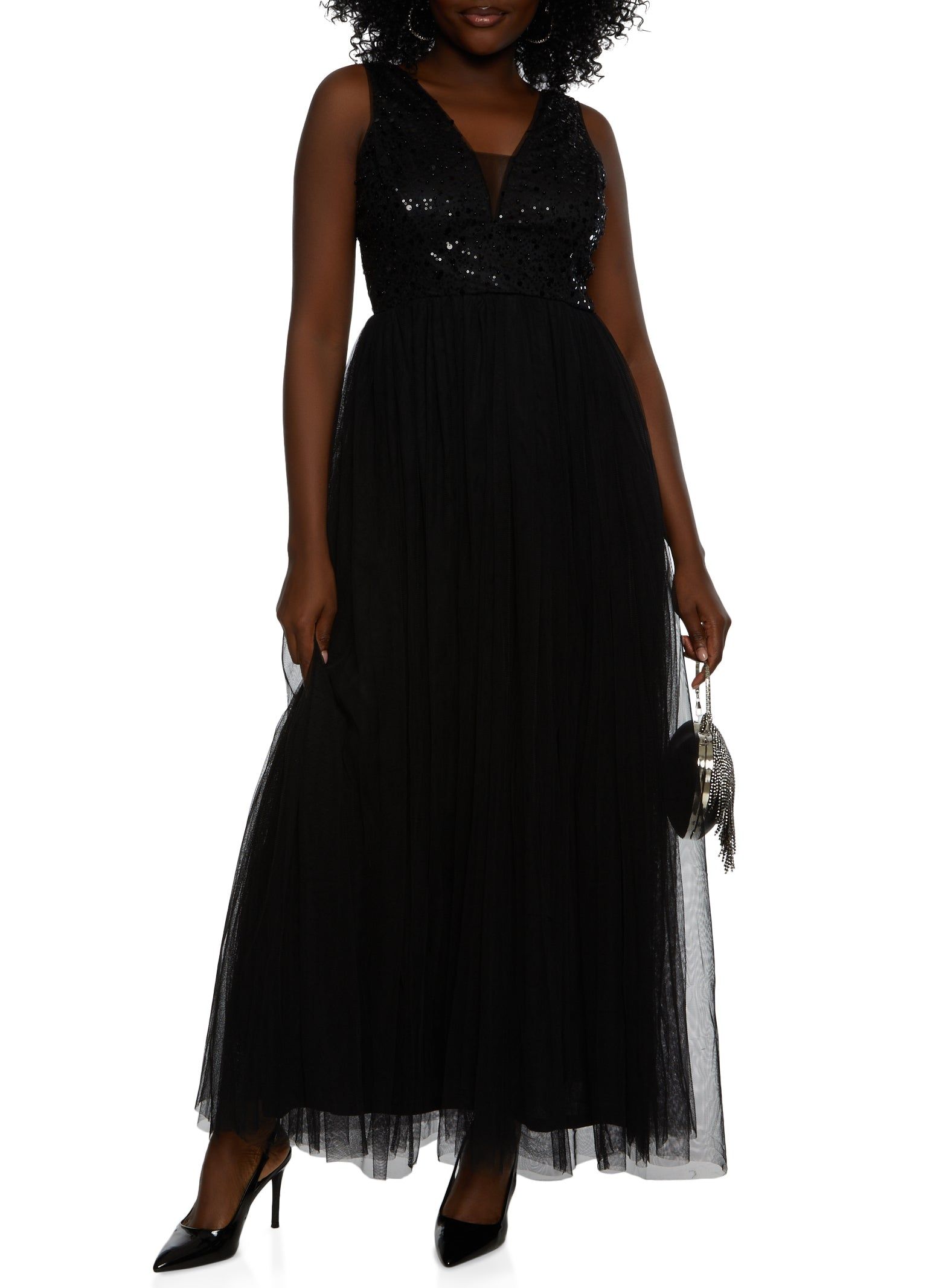 Sequin V Neck Tulle Maxi Dress sold by Rainbow product image thumbnail 2