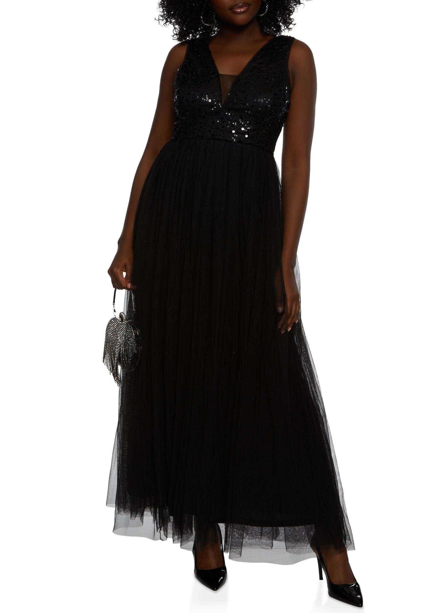 Sequin V Neck Tulle Maxi Dress sold by Rainbow