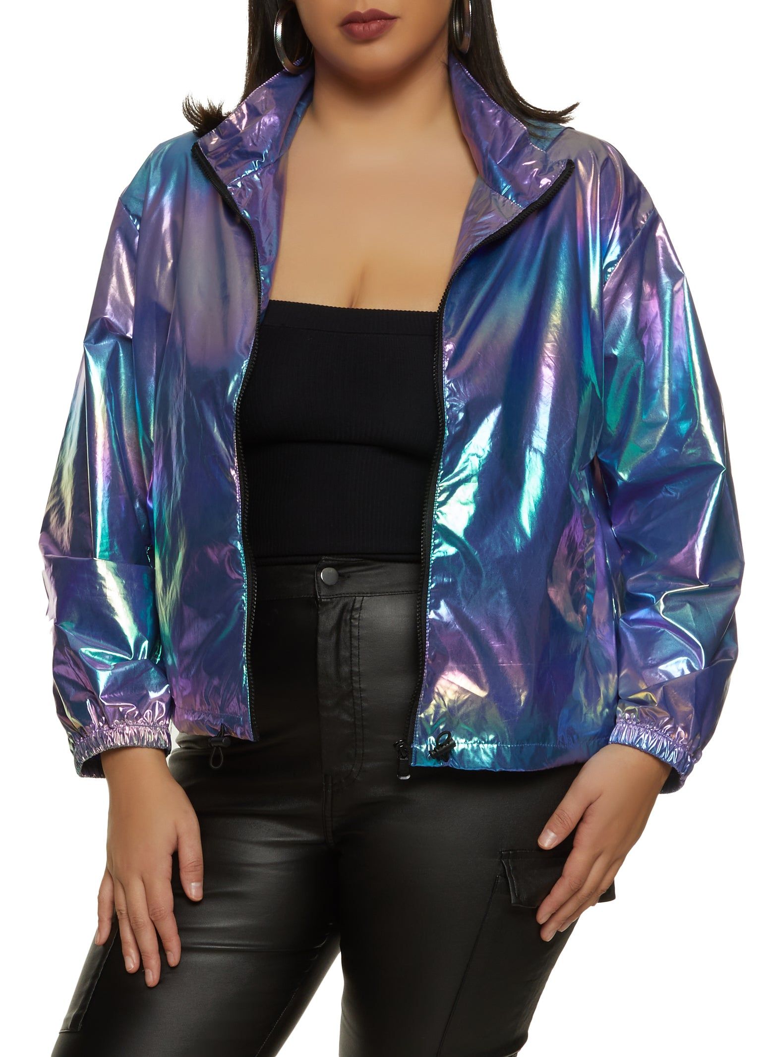 Plus Size Iridescent Hooded Windbreaker Jacket sold by Rainbow