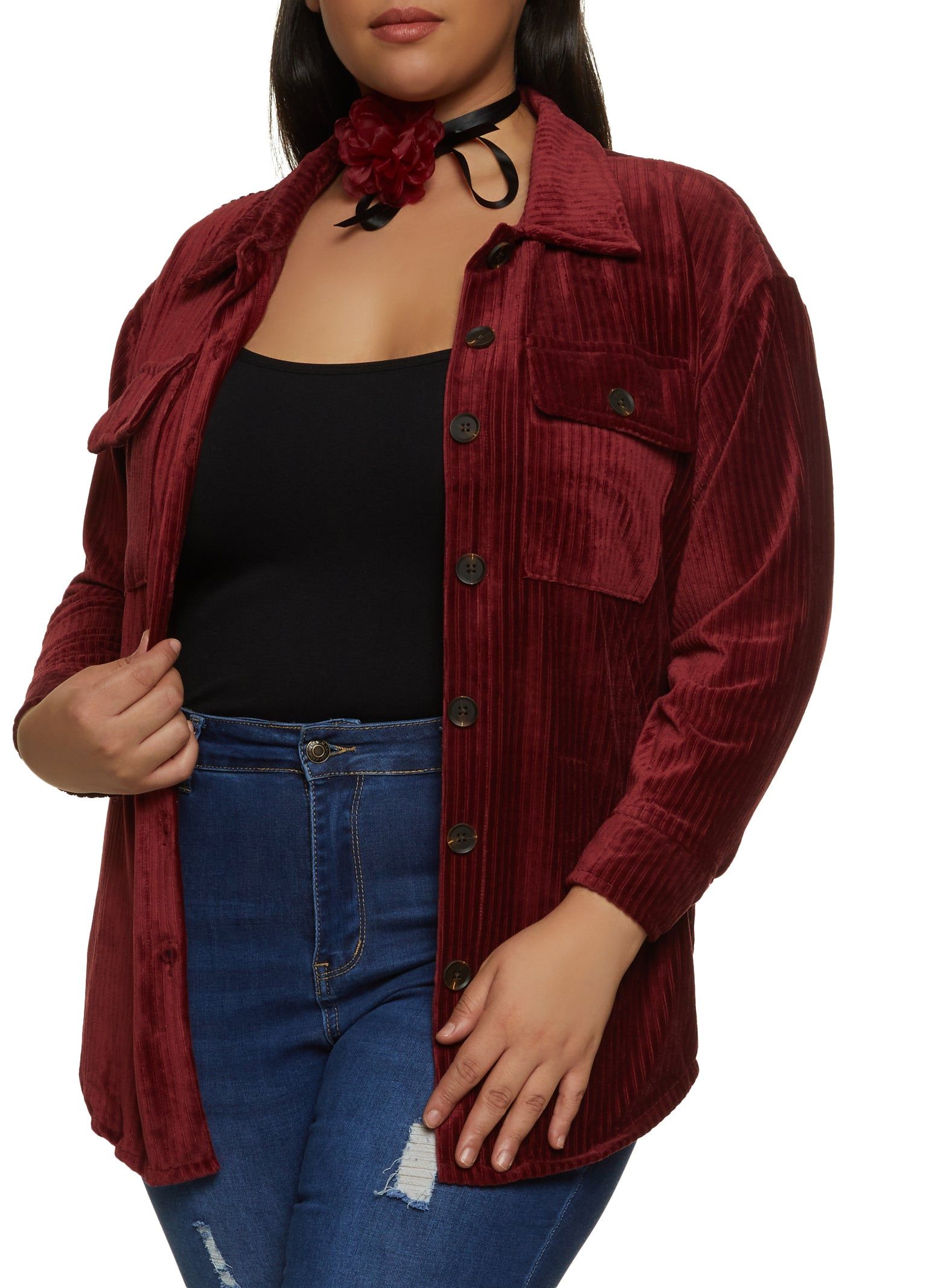 Plus Size Ribbed Knit Velour Button Front Shirt sold by Rainbow