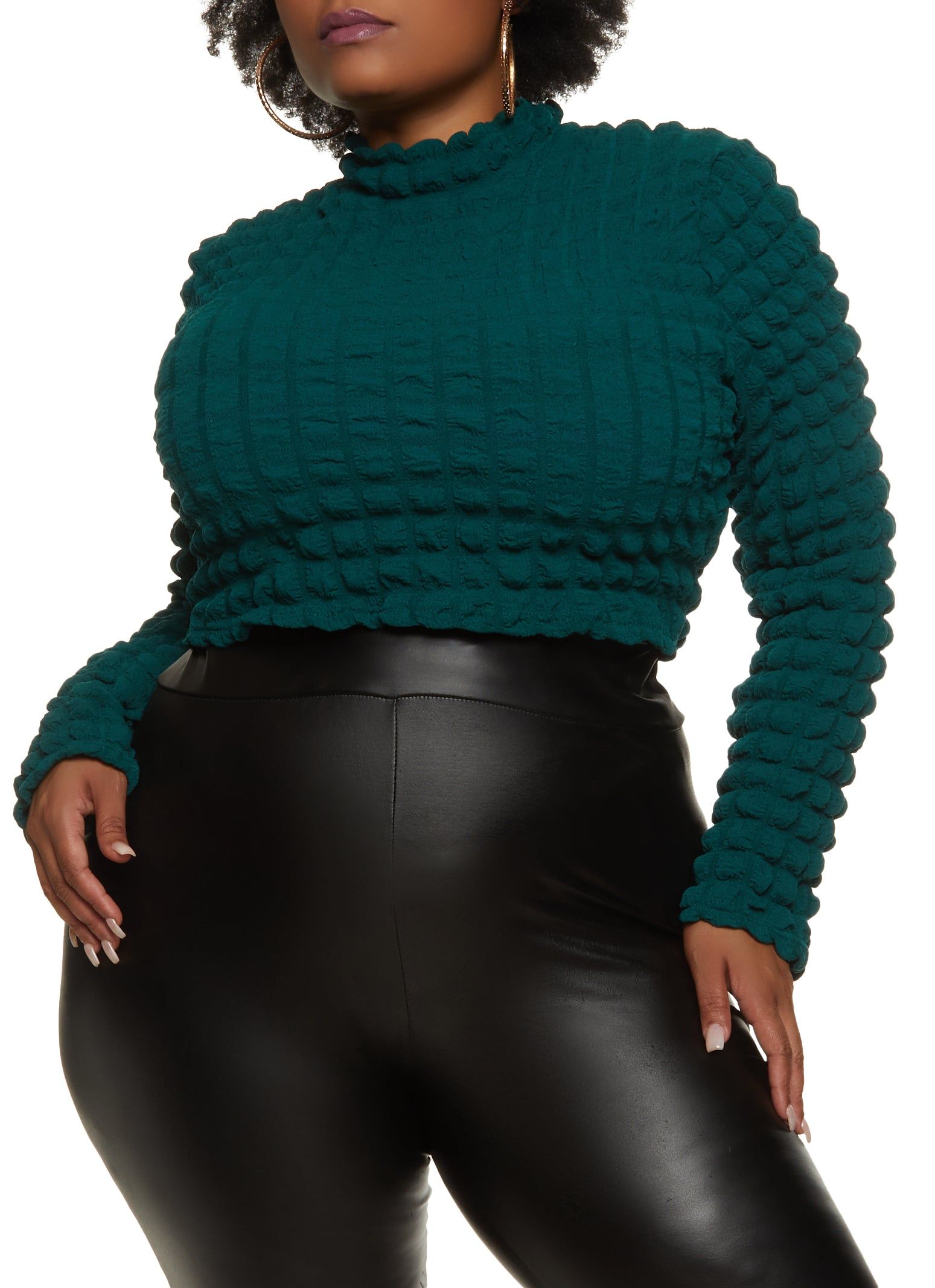 Plus Size Bubble Knit Mock Neck Long Sleeve Crop Top sold by Rainbow