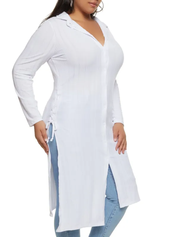 Plus Size Lace Up Side Button Down Maxi Shirt sold by Rainbow