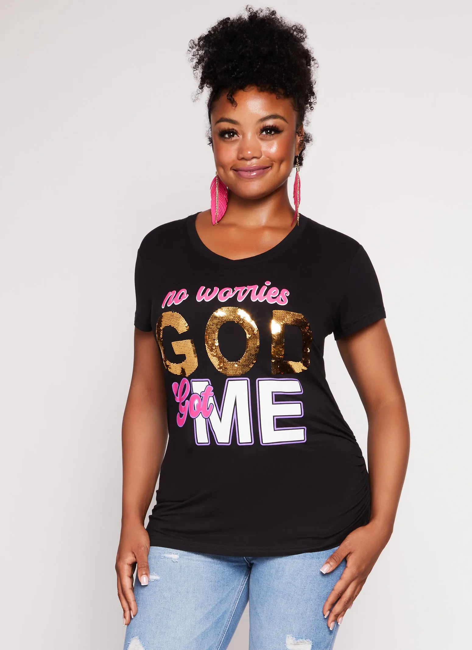 Plus Size No Worries God Got Me Sequin Graphic Tee sold by Rainbow
