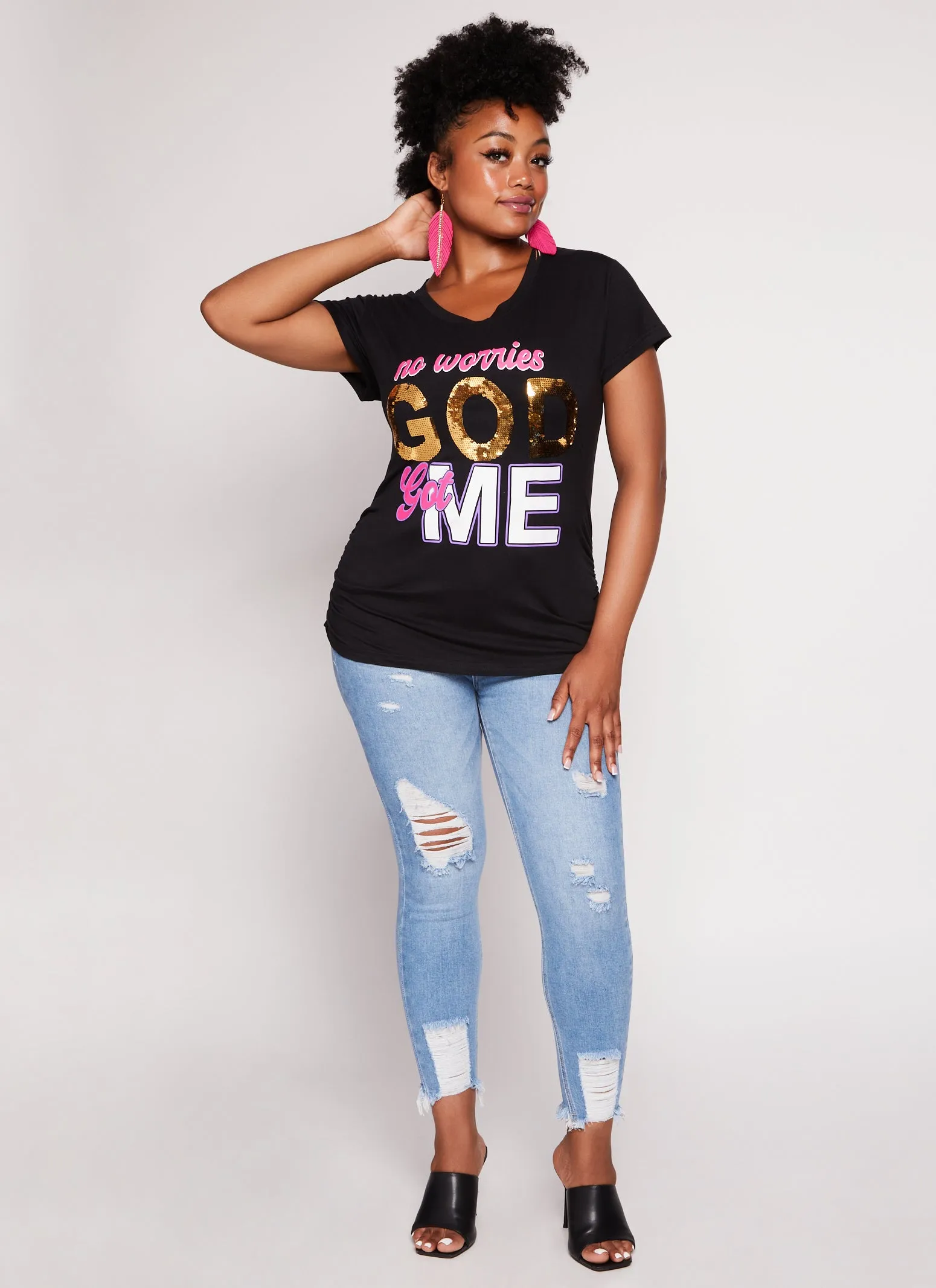 Plus Size No Worries God Got Me Sequin Graphic Tee sold by Rainbow product image thumbnail 2