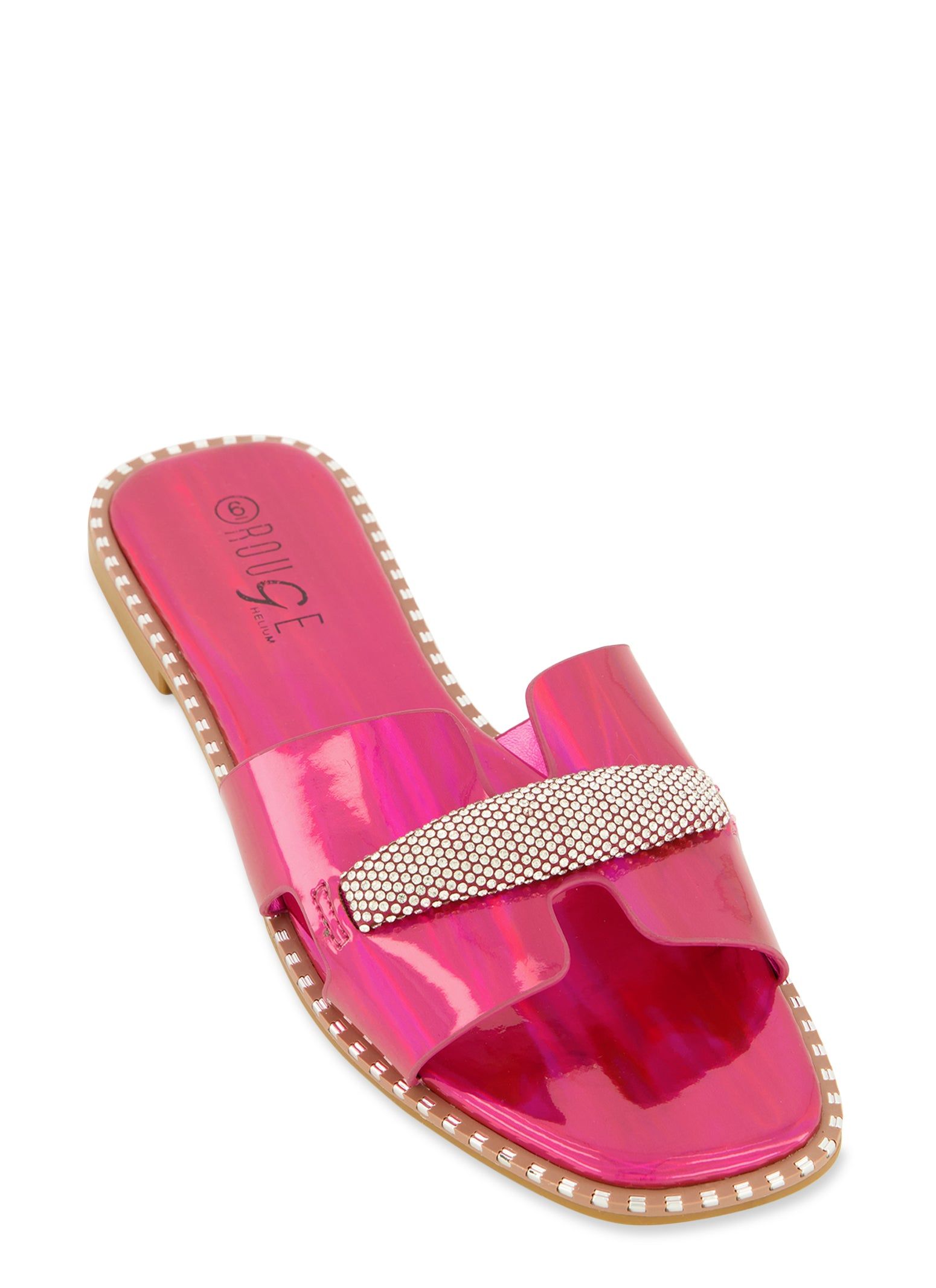 Studded Trim Rhinestone Cut Out Band Slide Sandals sold by Rainbow