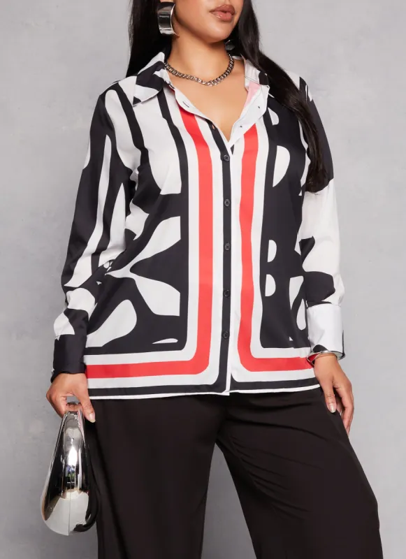 Plus Size Abstract Border Print Button Front Blouse sold by Rainbow