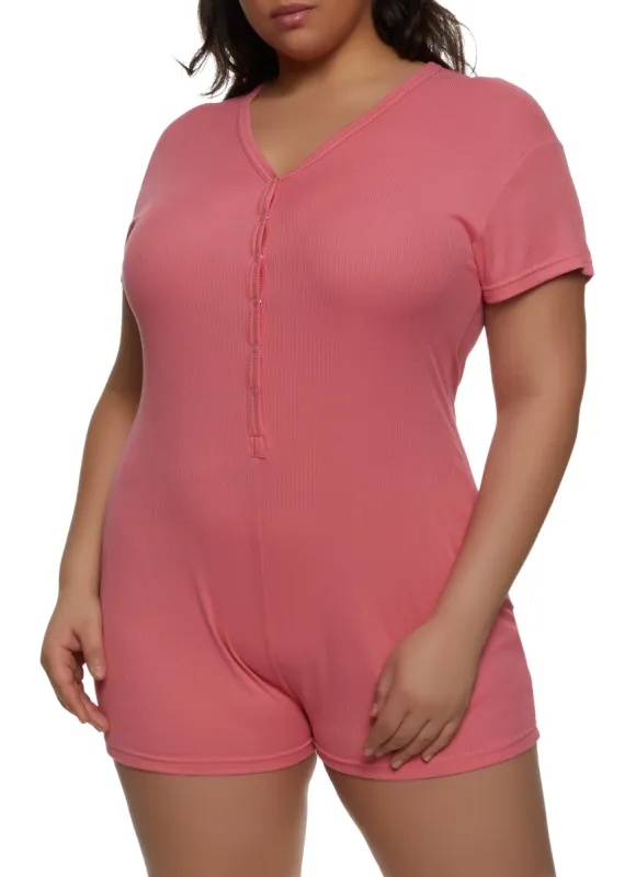 Plus Size Snap Button Front Pajama Romper sold by Rainbow