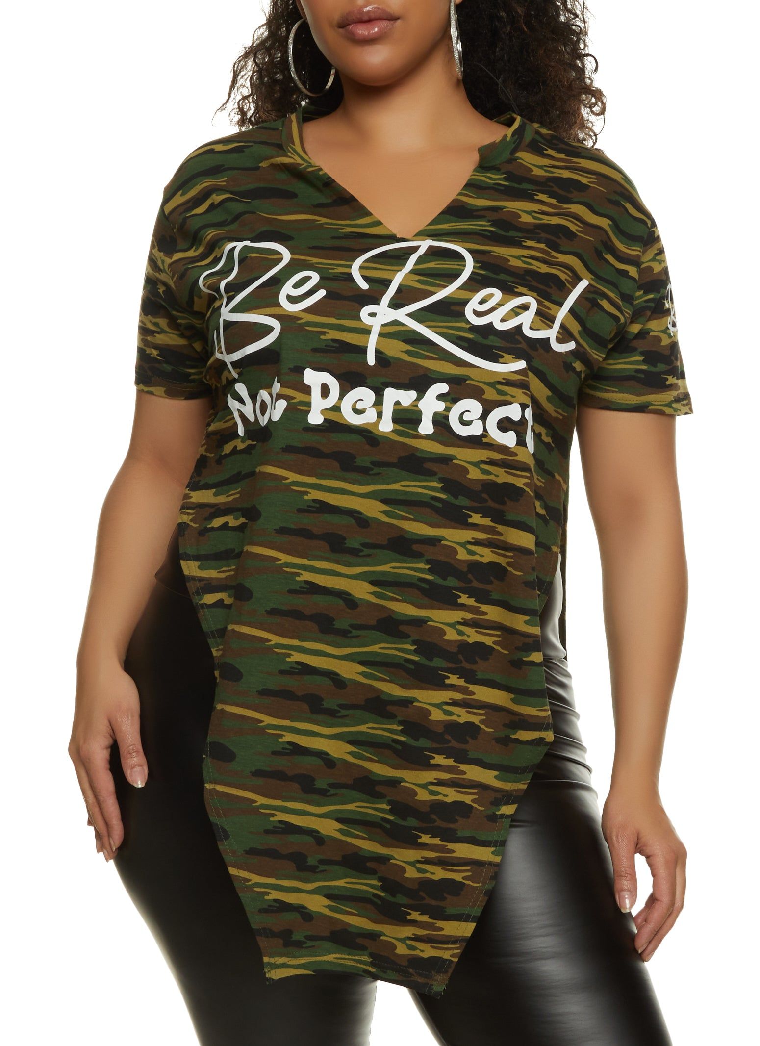 Plus Size Camo Be Real Not Perfect Hanky Hem Graphic Tee sold by Rainbow