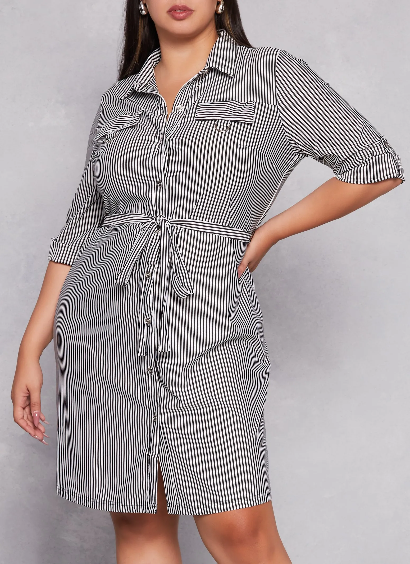 Plus Size Striped Button Front Belted Shirt Dress sold by Rainbow