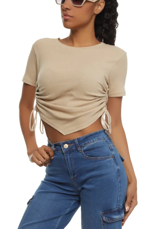 Ribbed Knit Ruched Hanky Hem Tee sold by Rainbow