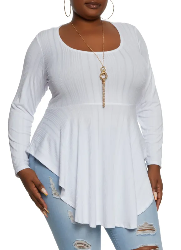Plus Size Long Sleeve Peplum Top with Necklace sold by Rainbow