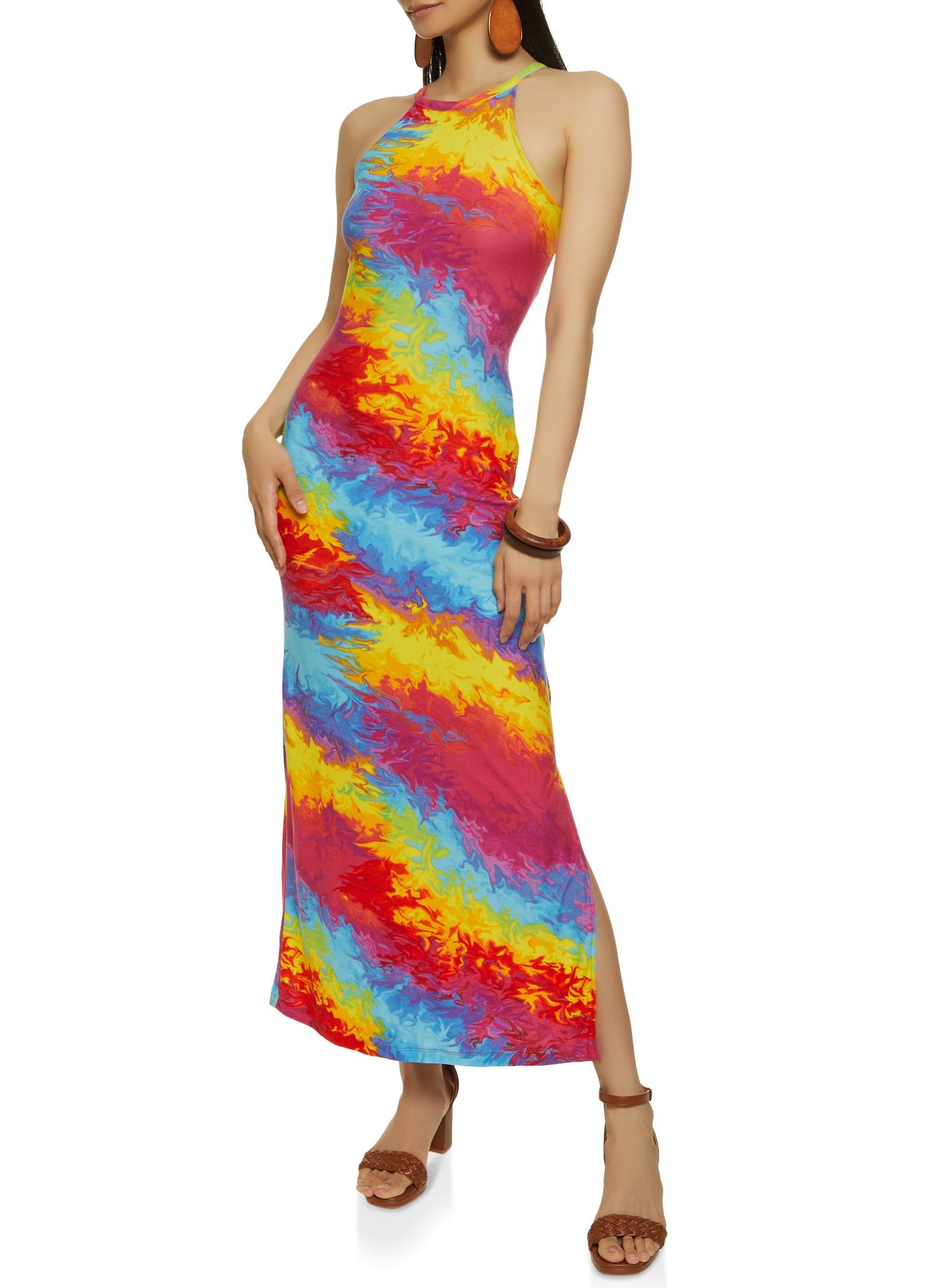 Rainbow Psychedelic Print High Neck Dress sold by Rainbow