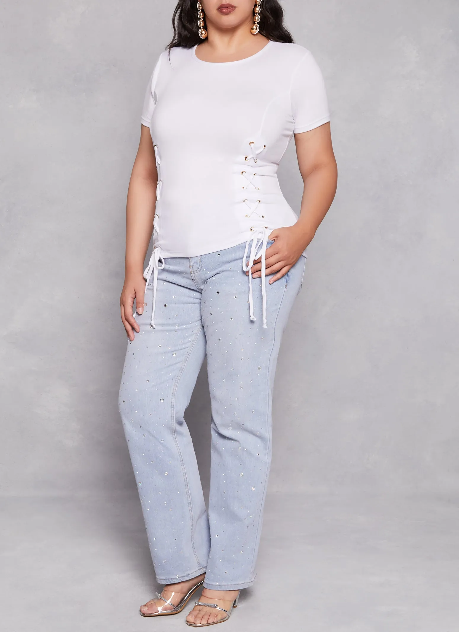 Plus Size Basic Lace Up Detail Short Sleeve Tee sold by Rainbow product image thumbnail 2