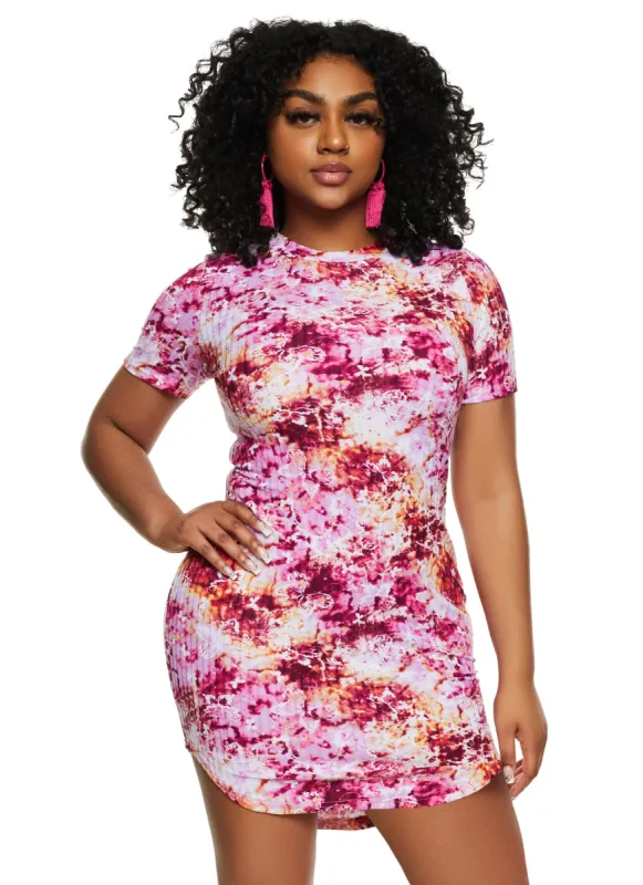 Printed Rib Knit Crew Neck Short Sleeve Mini Dress sold by Rainbow