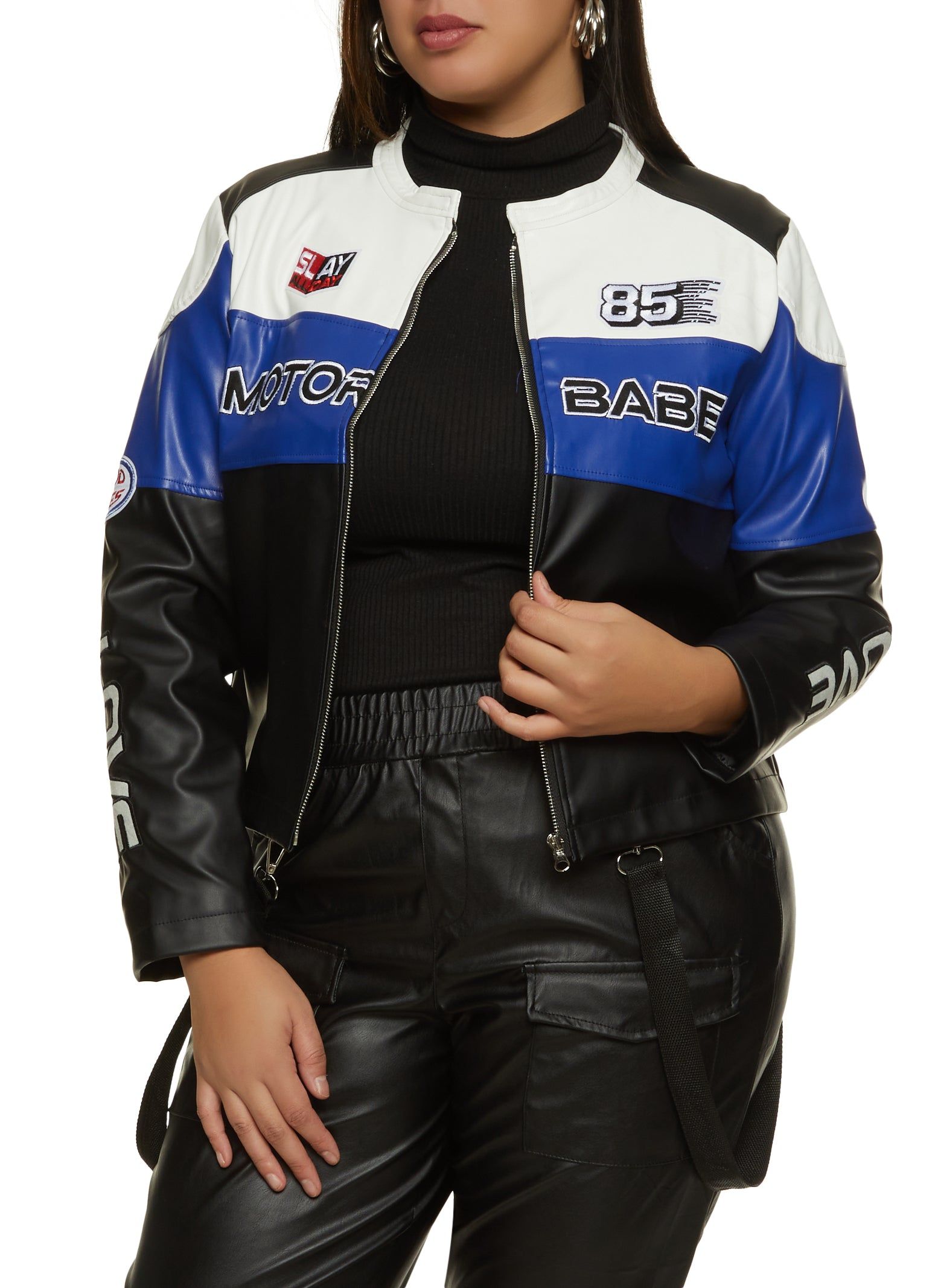 Plus Size Faux Leather Motor Babe Graphic Moto Jacket sold by Rainbow