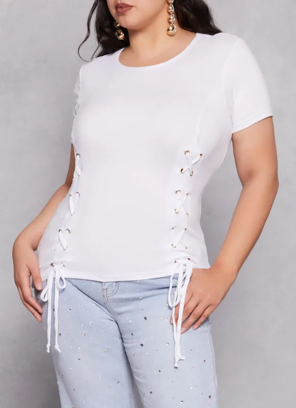 Plus Size Basic Lace Up Detail Short Sleeve Tee sold by Rainbow