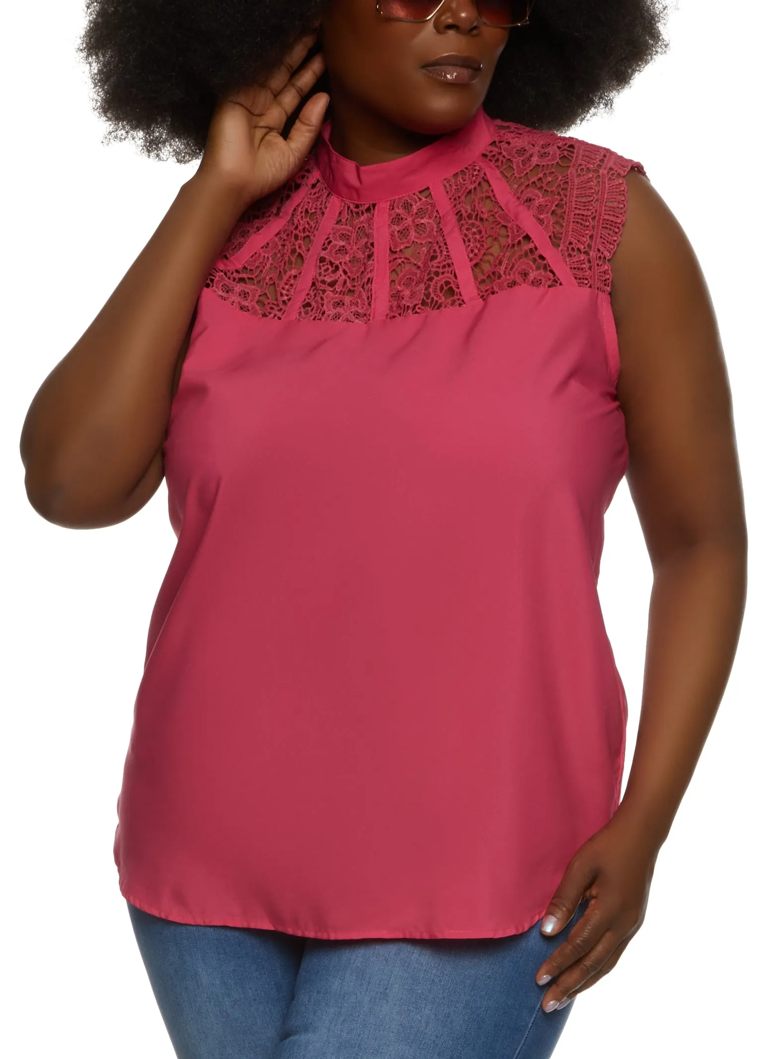 Plus Size Crochet Detail Mock Neck Sleeveless Blouse sold by Rainbow