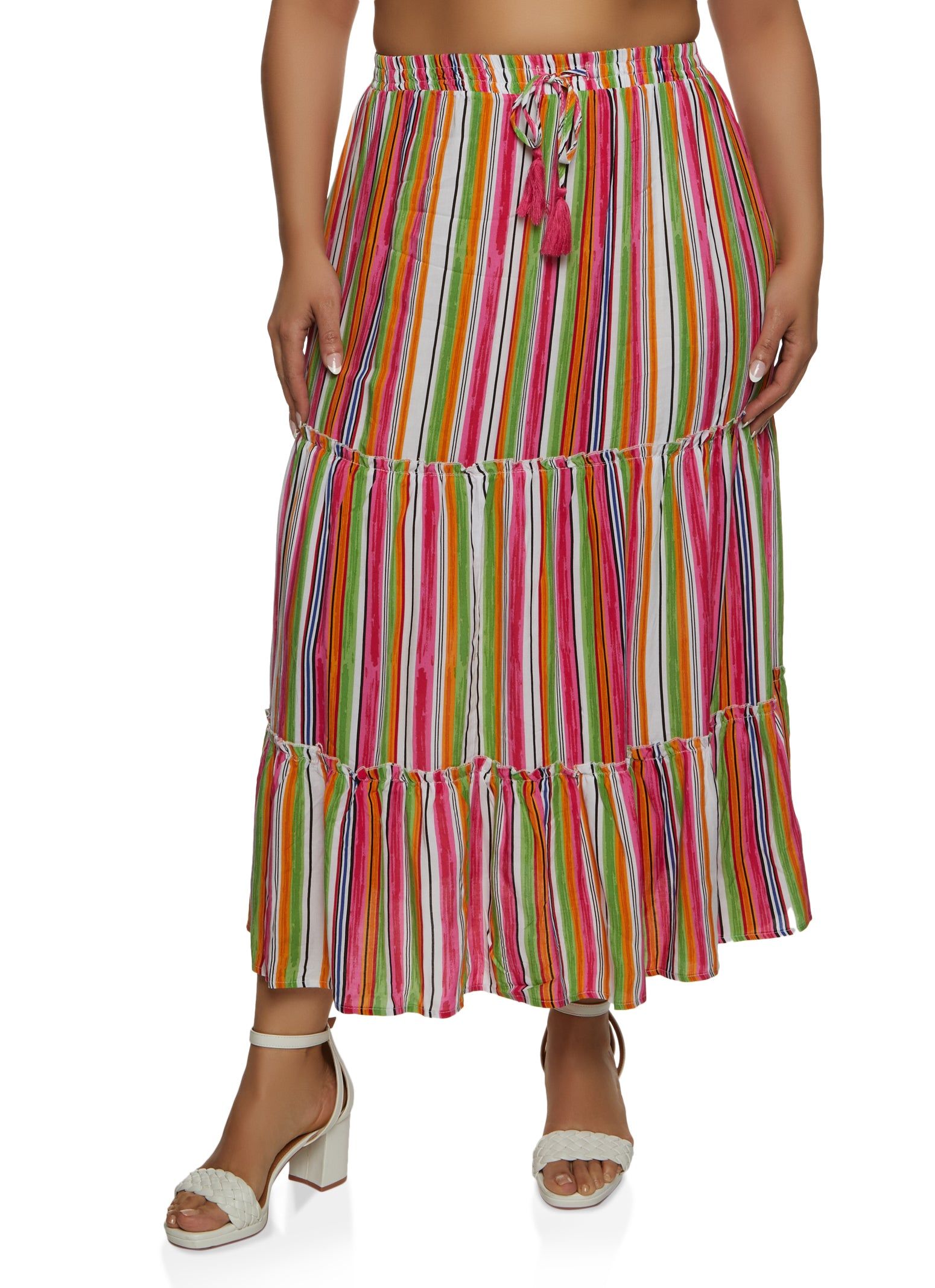 Plus Size Stripe Tiered Maxi Skirt sold by Rainbow