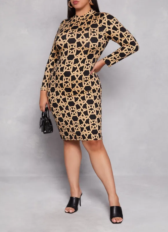 Plus Size Printed Mock Neck Long Sleeve Dress sold by Rainbow