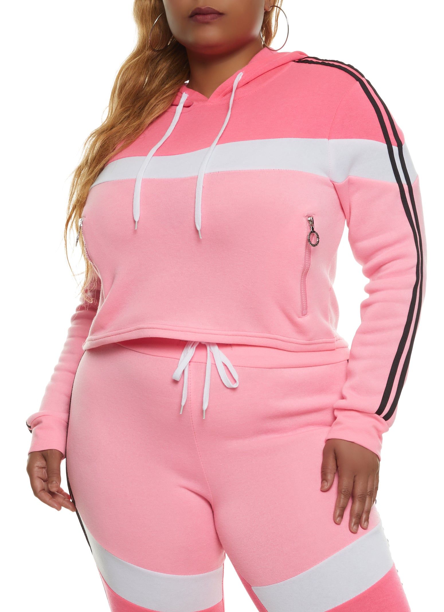 Plus Size Zip Pocket Varsity Striped Cropped Hoodie sold by Rainbow