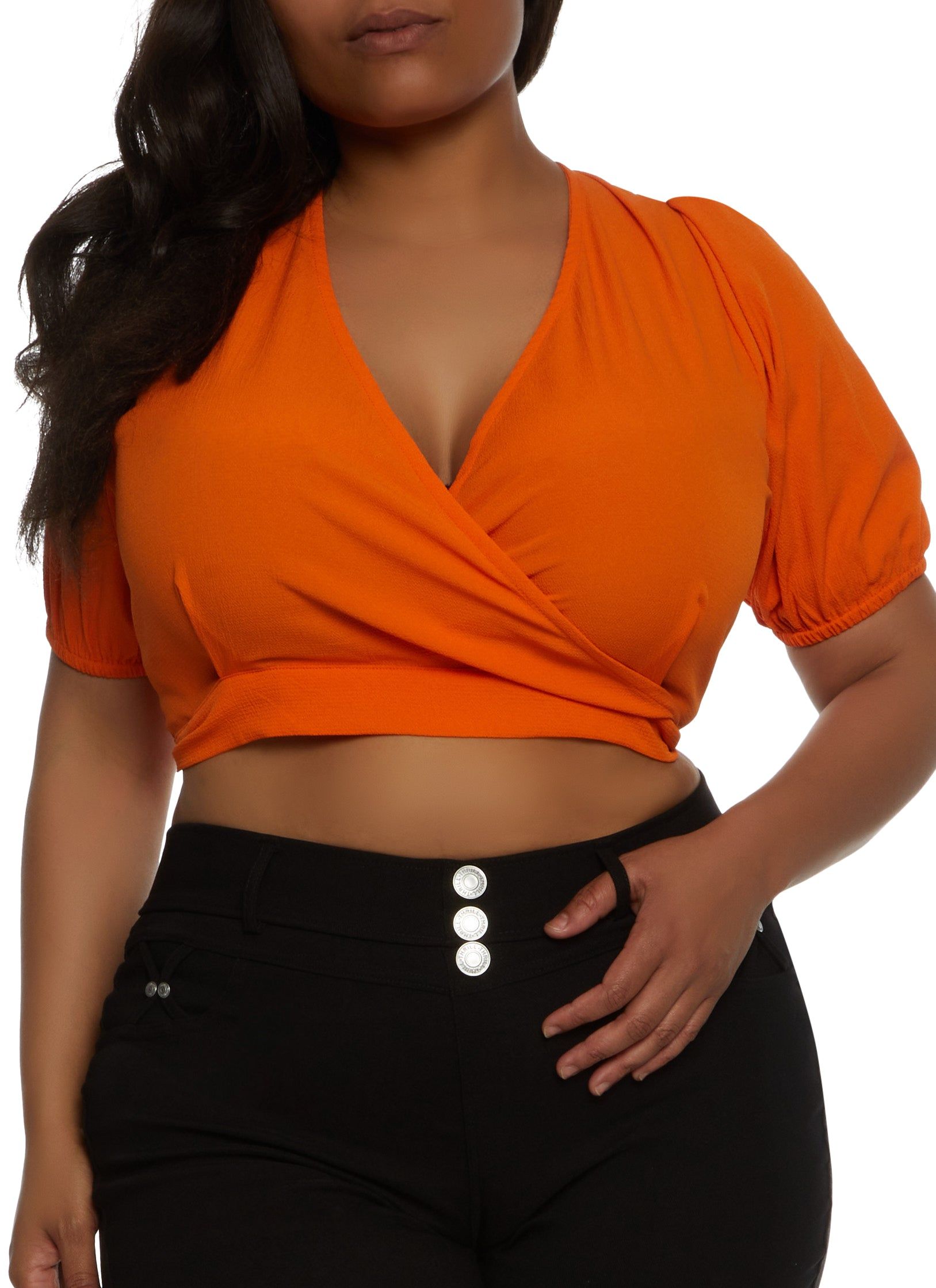 Plus Size Open Tie Back Faux Wrap Crop Top sold by Rainbow