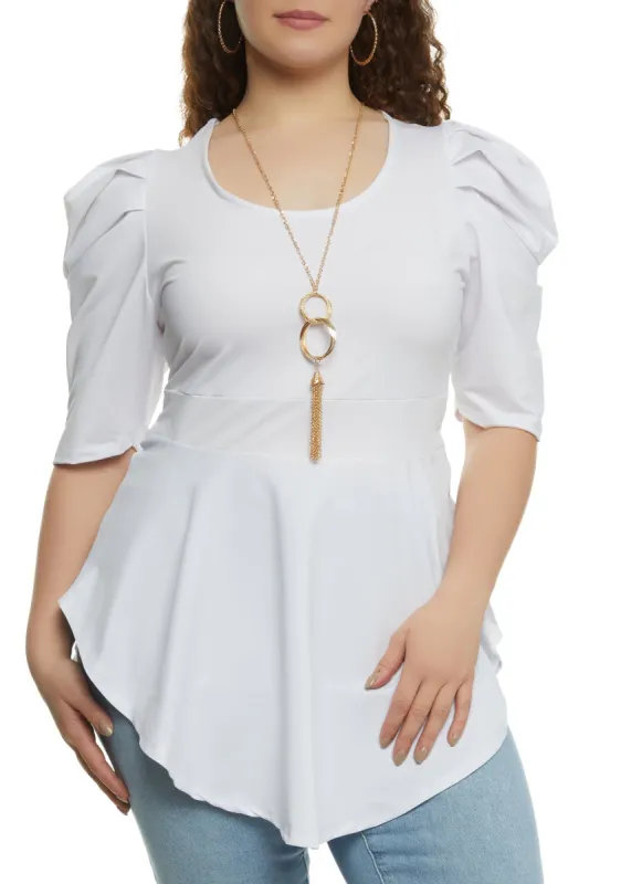 Plus Size Puff Sleeve Peplum Top with Necklace sold by Rainbow
