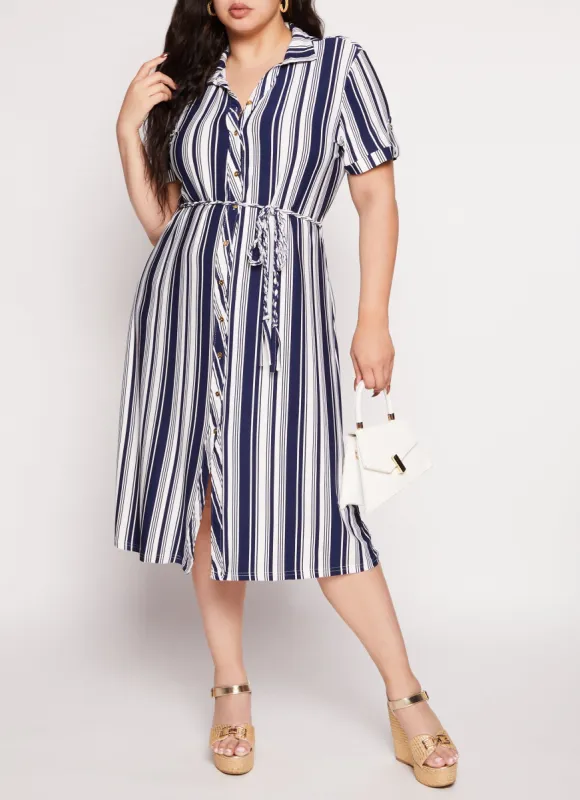 Plus Size Tie Waist Belted Midi Shirt Dress sold by Rainbow