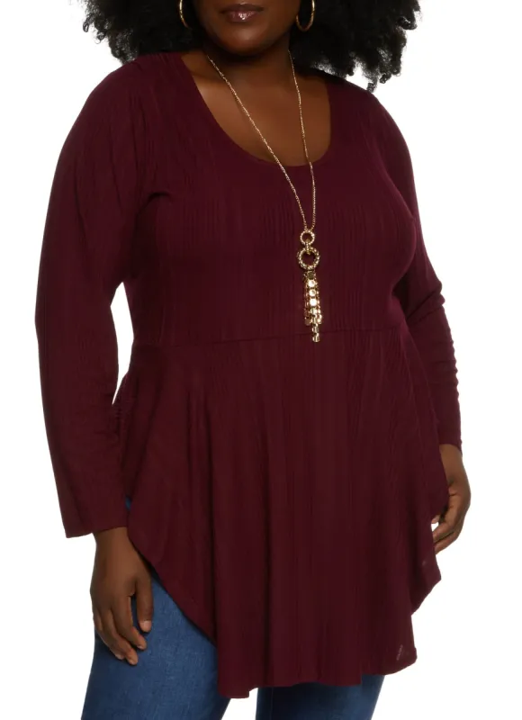 Plus Size Long Sleeve Peplum Top with Necklace sold by Rainbow