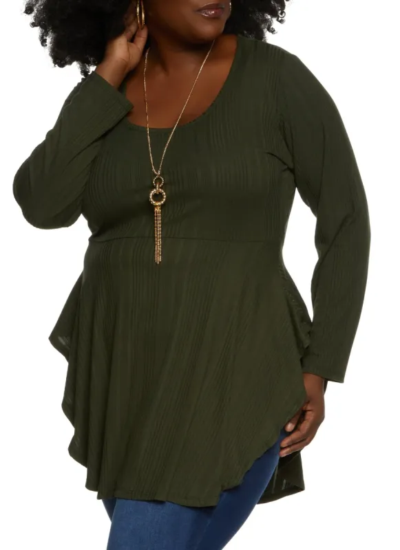 Plus Size Long Sleeve Peplum Top with Necklace sold by Rainbow