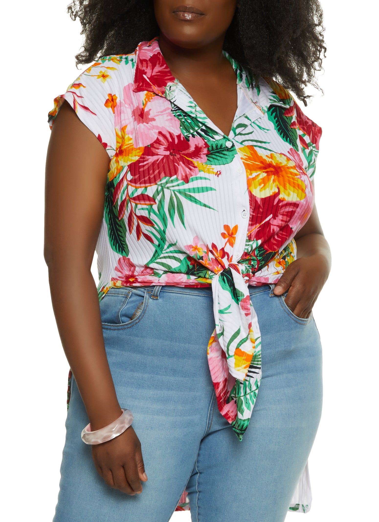 Plus Size Floral Print Tie Front High Low Shirt sold by Rainbow