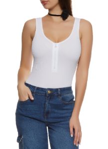 Seamless Rib Knit Half Zip Scoop Neck Sleeveless Bodysuit sold by Rainbow