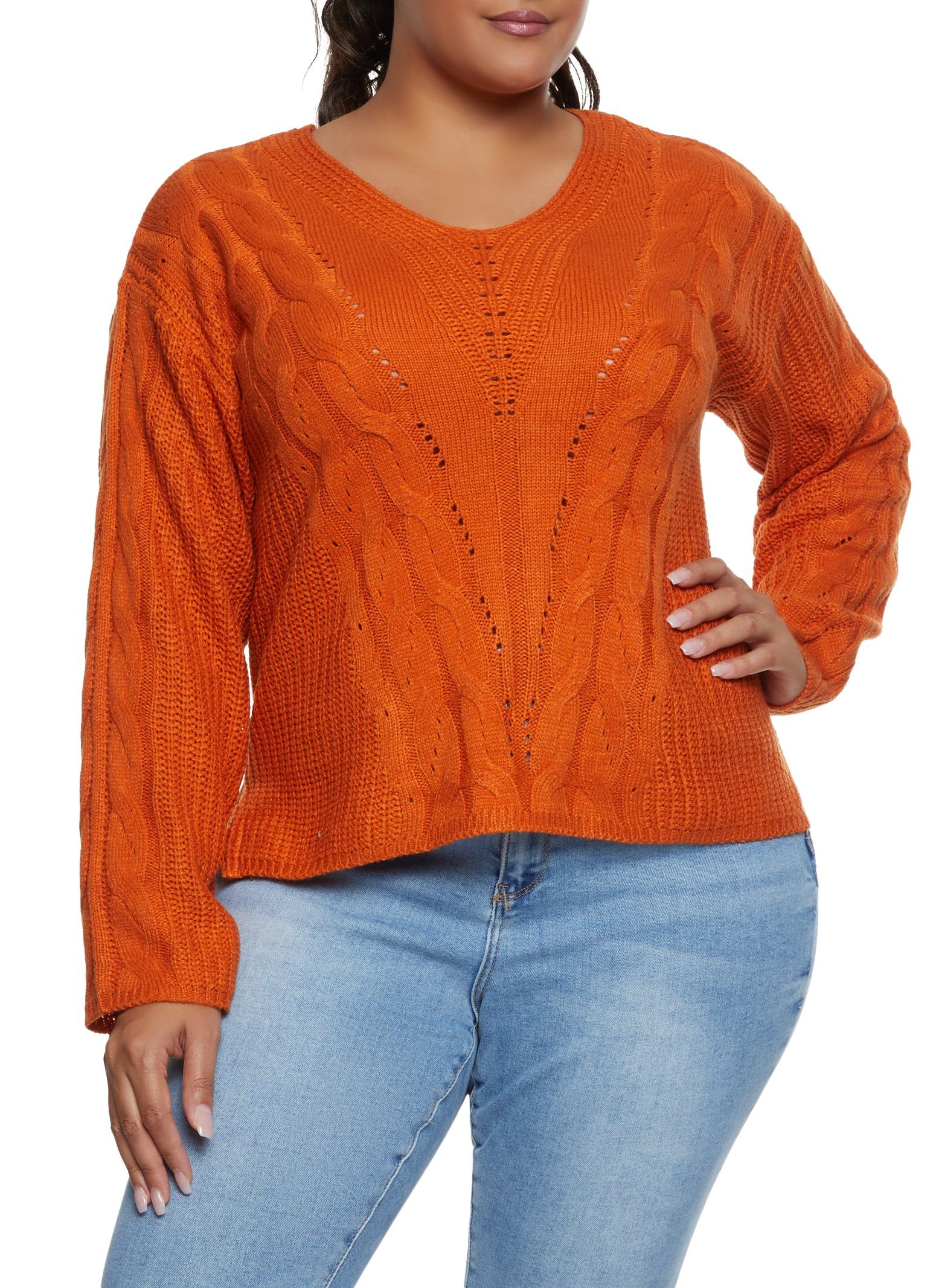 Plus Size Cable Knit Pointelle Sweater sold by Rainbow