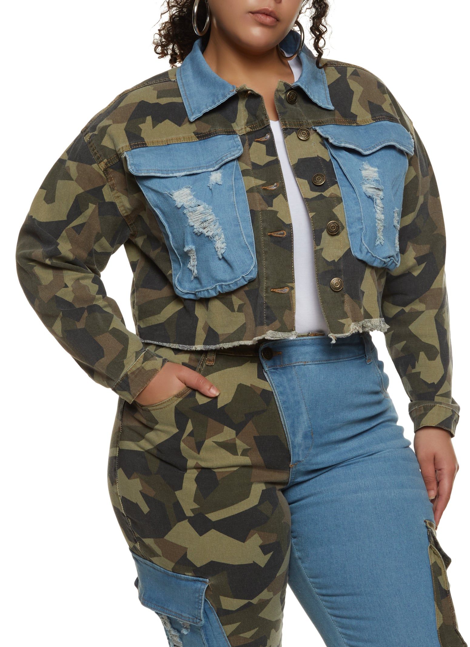 Plus Size Camo Color Block Jean Jacket sold by Rainbow